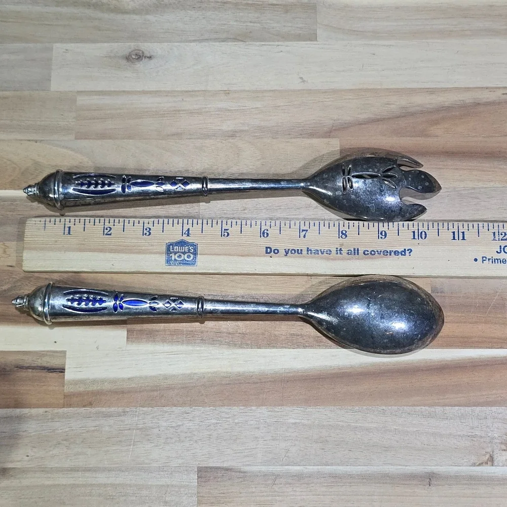 Vintage Silver Plate Blue Guilloche Enamel Salad Servers Set‎ 10.5